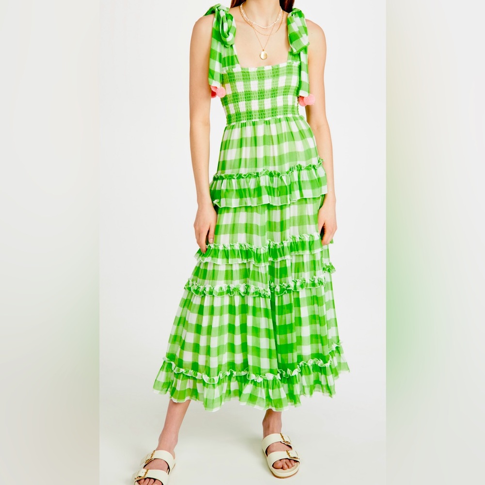 SUNDRESS Berenice Dress Gingham Checkered Green Dress Sz L/XL w/ Pink Pom Pom